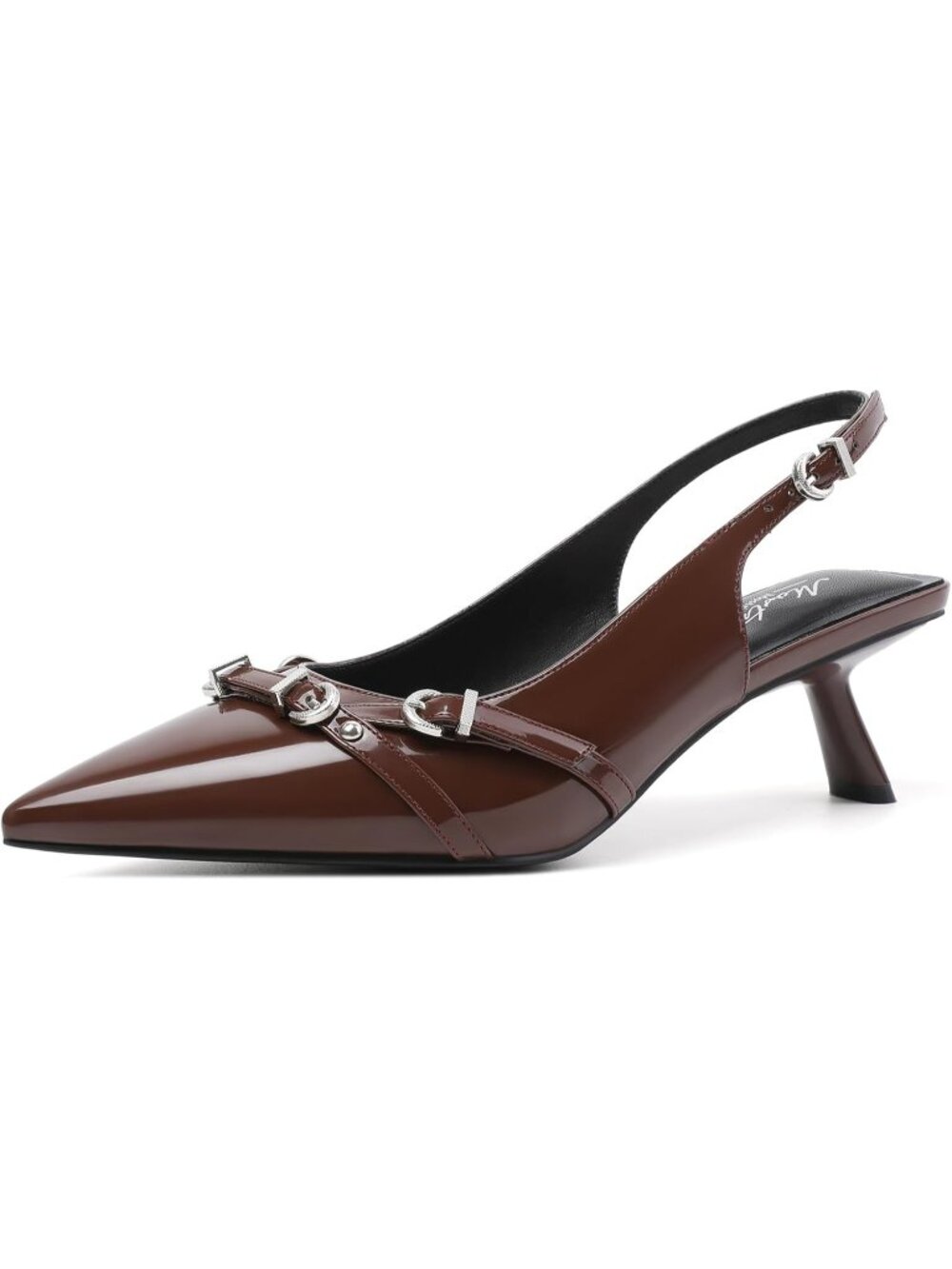 Women's Brown Faux Leather Pointed Toe Low Heel Slingback with Buckle Heel Pumps